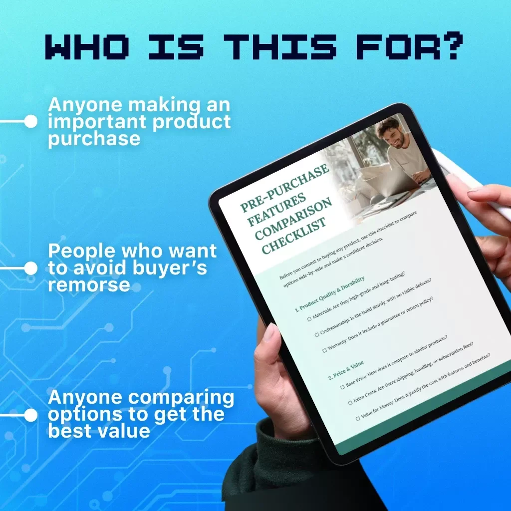 Pre-Purchase Features Comparison Checklist | Digital Download eBook Guide | Product Quality, Price & Value, Features, Reviews, Brand Reputation | KEYWORDS