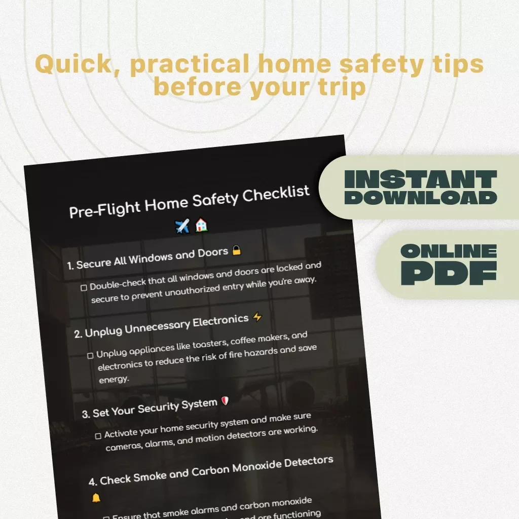 Pre-Flight Home Safety Checklist | Travel Safety Printable | Digital Download eBook Guide for Travelers, Vacation Prep, and Home Security | KEYWORDS