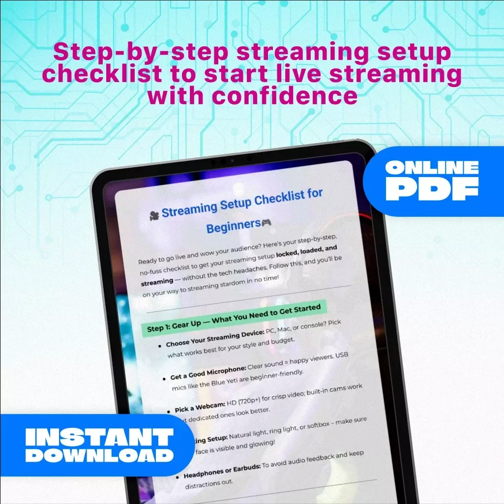 Streaming Setup Checklist for Beginners | Live Streaming Guide | eBook PDF Digital Download for Twitch, YouTube & Facebook Gaming