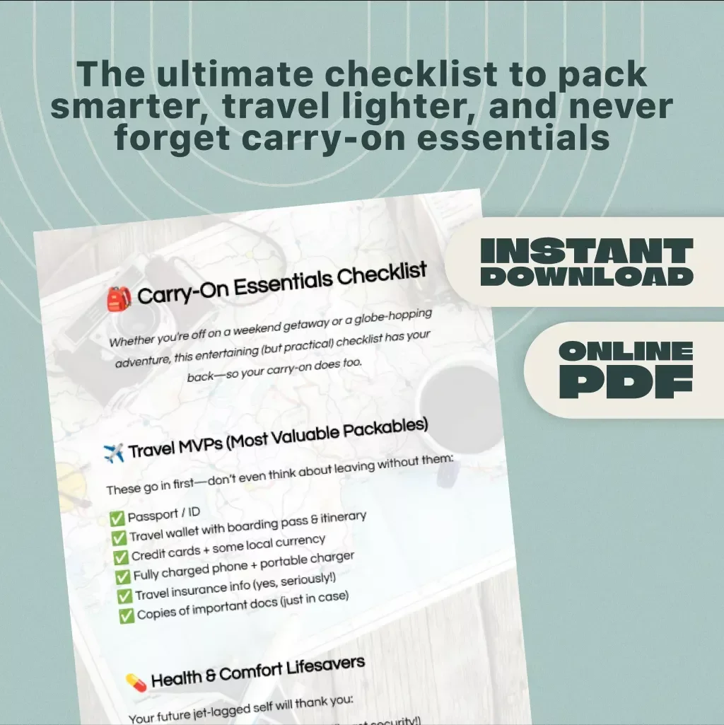 Carry-On Essentials Checklist | Printable Travel Packing Guide | Digital Download for Stress-Free Flights