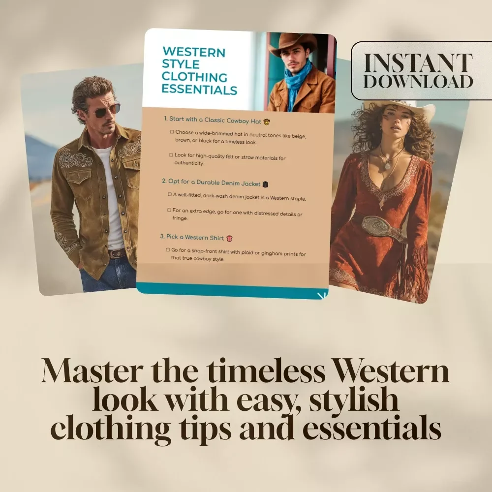 Western Style Clothing Essentials – Printable Checklist for Cowboy Hat, Denim Jacket, Western Shirt, Cowboy Boots, Belt & Buckle, Western Jeans, Vest, and Jewelry