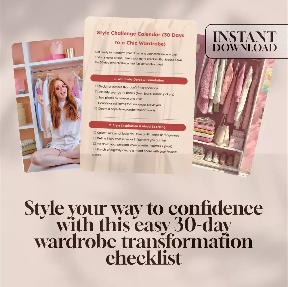 Style Challenge Calendar (30 Days to a Chic Wardrobe) – Printable Style Checklist, 30-Day Wardrobe Detox, Fashion eBook for Women, Digital Download