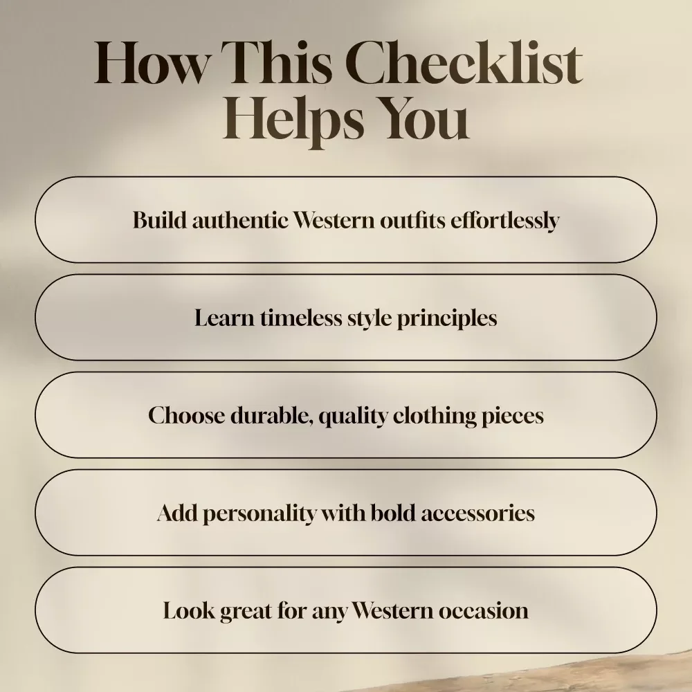 Western Style Clothing Essentials – Printable Checklist for Cowboy Hat, Denim Jacket, Western Shirt, Cowboy Boots, Belt & Buckle, Western Jeans, Vest, and Jewelry