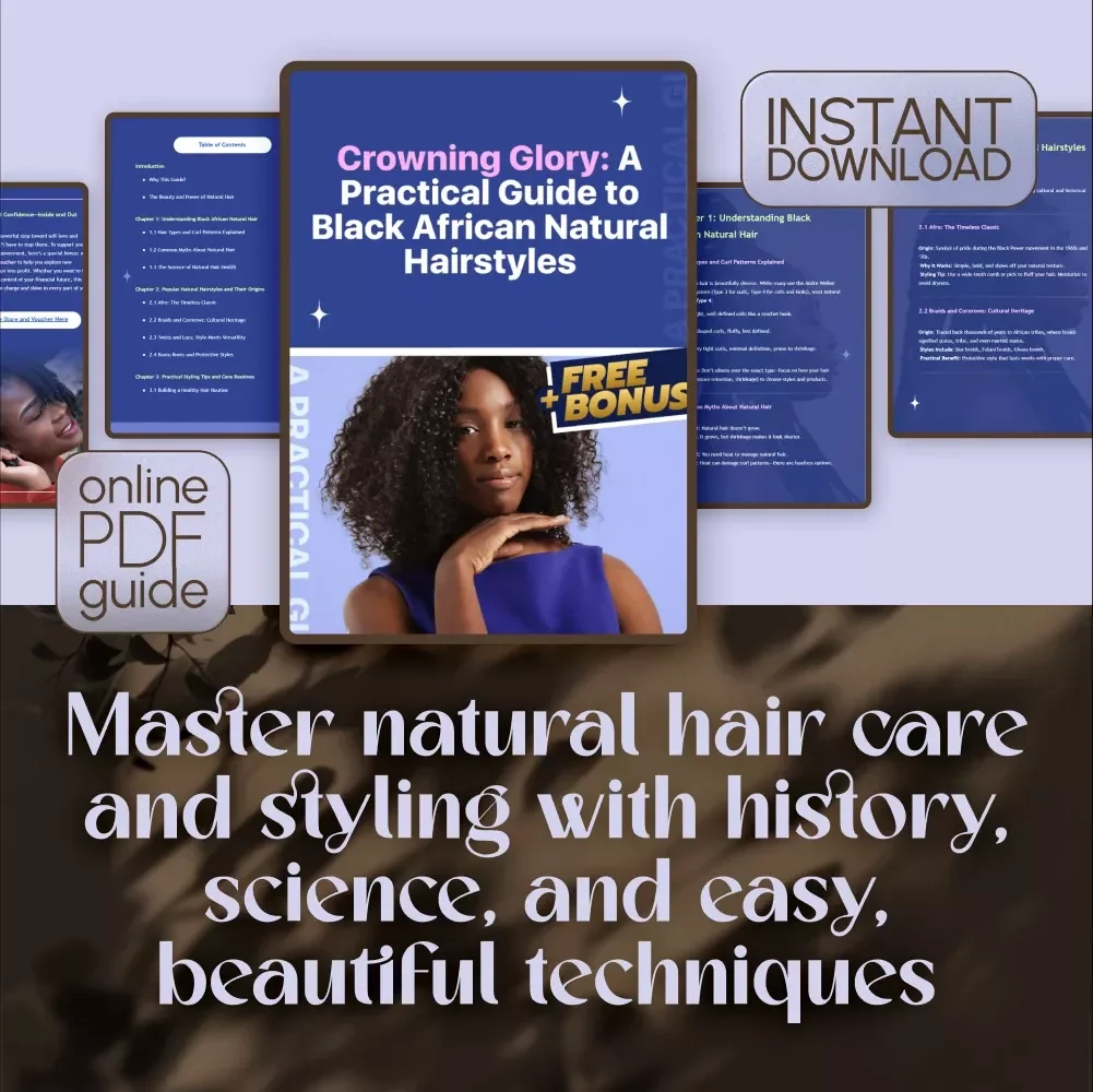 Crowning Glory: A Practical Guide to Black African Natural Hairstyles | Digital Download eBook, Hair Care & Styling Tips, Protective Styles, Afro, Braids, Twists