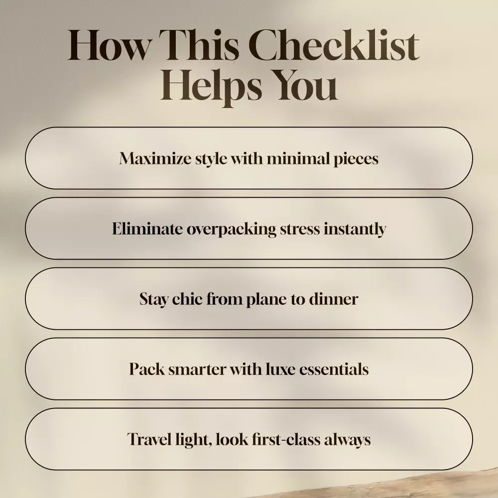 Luxury Travel Packing List: Chic on the Go | Digital Download Checklist for First-Class Travel, Stylish Jetsetters & Elegant Getaways | Wrinkle-Resistant, Neutral-Tone Outfit Guide