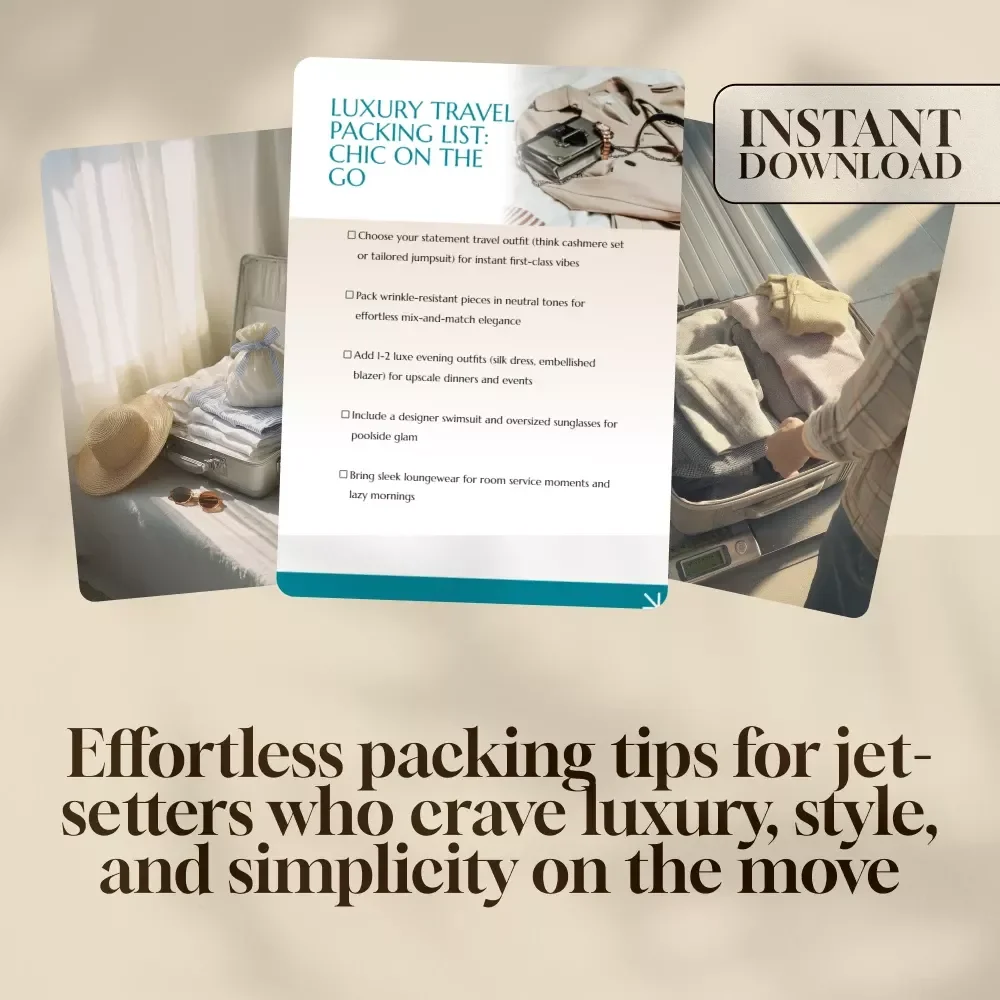 Luxury Travel Packing List: Chic on the Go | Digital Download Checklist for First-Class Travel, Stylish Jetsetters & Elegant Getaways | Wrinkle-Resistant, Neutral-Tone Outfit Guide