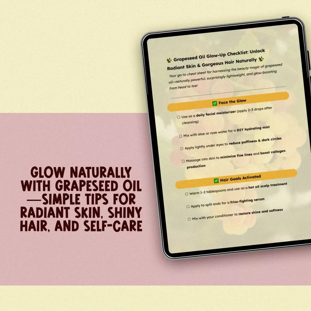 Grapeseed Oil Glow-Up Checklist: Unlock Radiant Skin & Gorgeous Hair Naturally | Beauty Benefits of Grapeseed Oil | Self-Care Guide | Digital Download