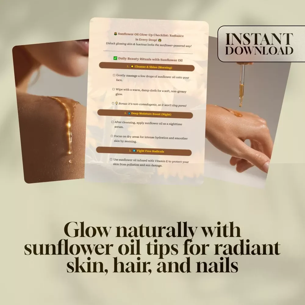 Sunflower Oil Glow-Up Checklist: Radiance in Every Drop! | Beauty Benefits of Sunflower Oil | Daily Skincare & Haircare Rituals | Digital Download for Natural Glow