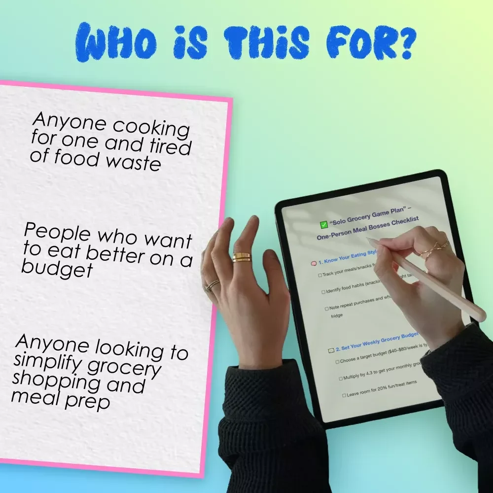 “Solo Grocery Game Plan” – One-Person Meal Bosses Checklist | How to Budget Groceries for 1 | Weekly Meal Planning Printable