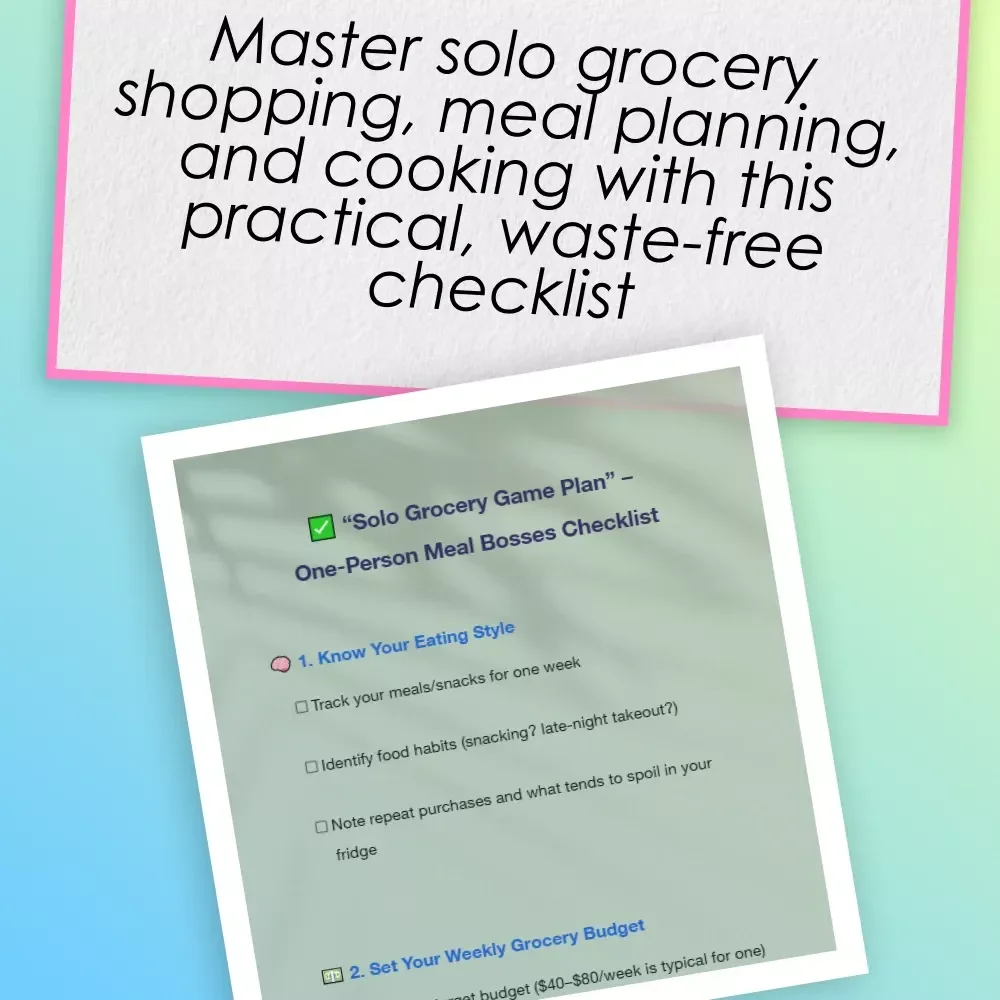 “Solo Grocery Game Plan” – One-Person Meal Bosses Checklist | How to Budget Groceries for 1 | Weekly Meal Planning Printable