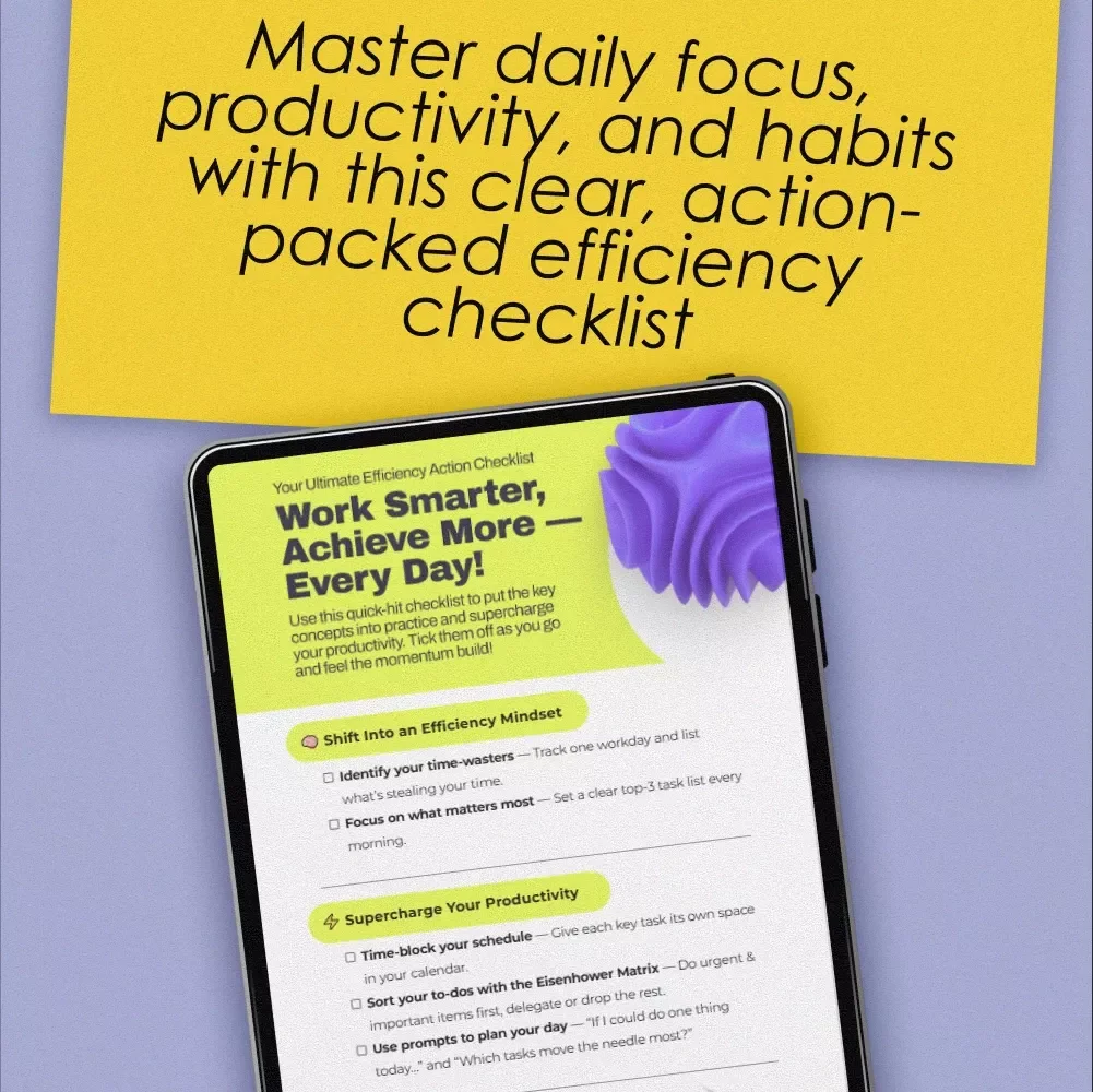 Your Ultimate Efficiency Action Checklist | How to Become More Efficient in the Workplace | Productivity Digital Download