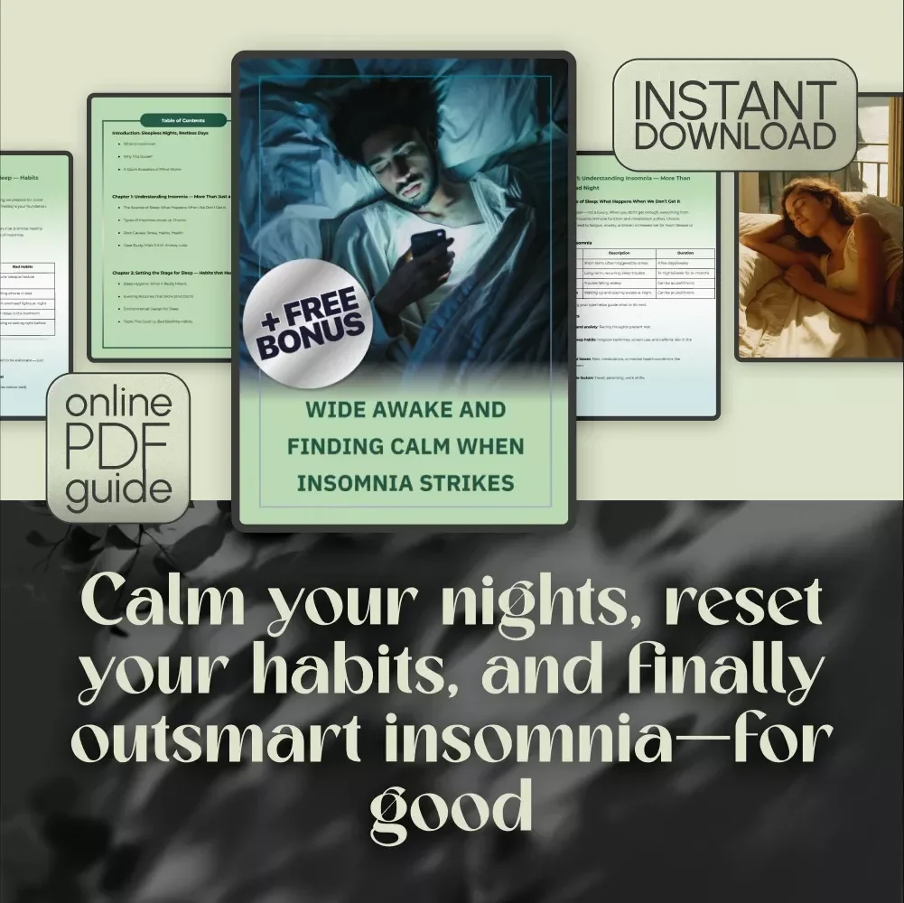 Wide Awake And Finding Calm When Insomnia Strikes | Digital Guide on How to Manage Insomnia, Sleep Help eBook, Bedtime Checklist, Sleep Hygiene Tips PDF