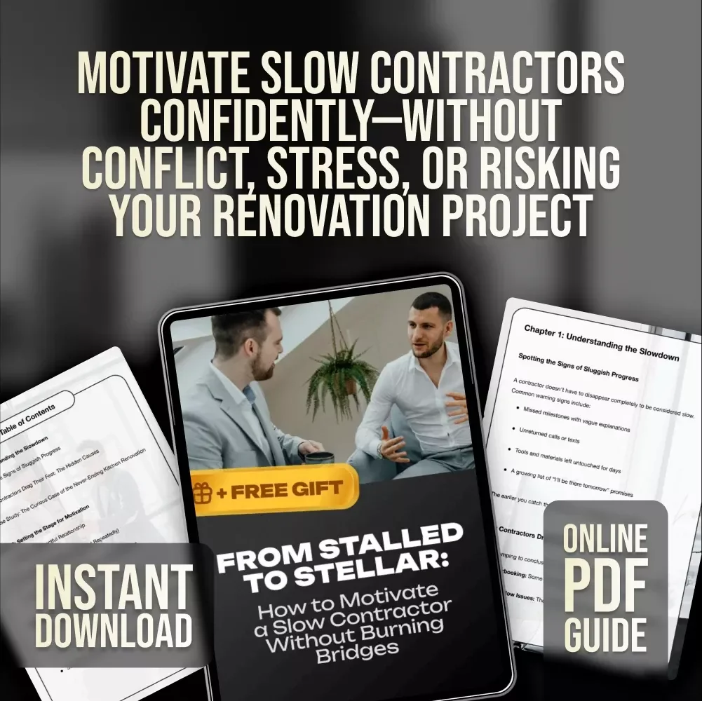 From Stalled to Stellar: How to Motivate a Slow Contractor Without Burning Bridges | Guide to Keep Projects on Track, eBook Download for Homeowners, Clients & DIYers