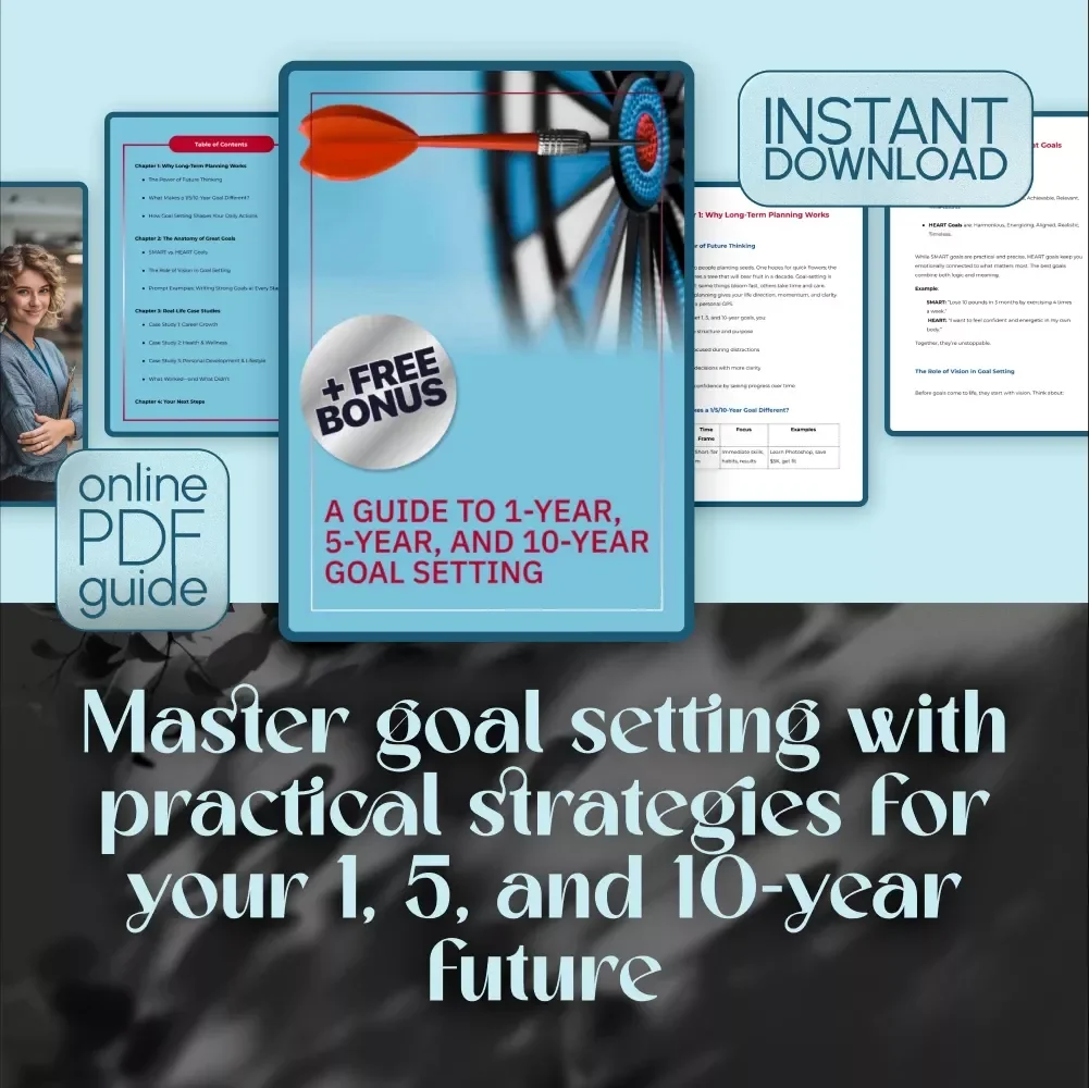 A Guide to 1-Year, 5-Year, and 10-Year Goal Setting | Goal Planner | 1 Year 5 Year 10 Year Goals Example | Digital Download Guide