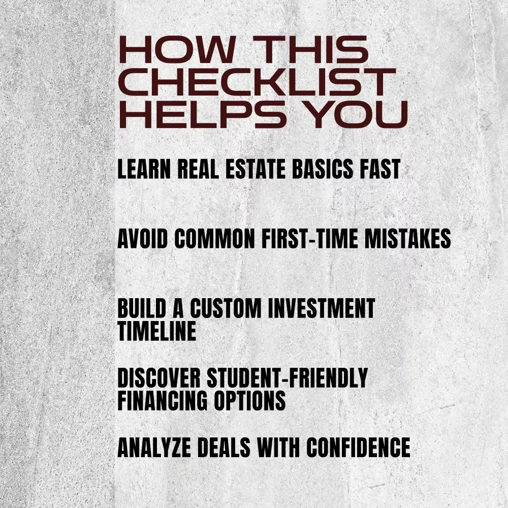 The Ultimate College Investor’s Action Checklist | Real Estate Investing Guide for College Students | Student Real Estate Digital Download