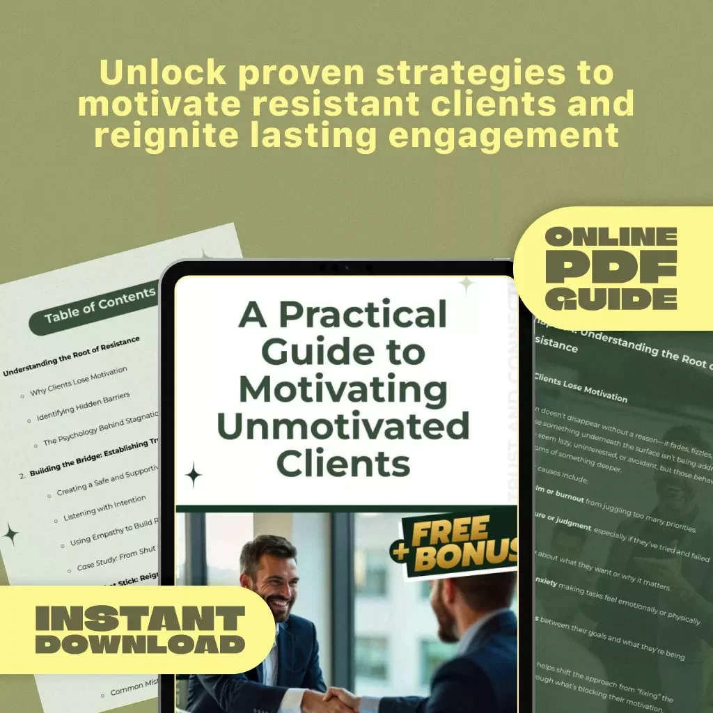 A Practical Guide to Motivating Unmotivated Clients | Digital Download Guide | How to Motivate Unmotivated Clients | Coaching eBook