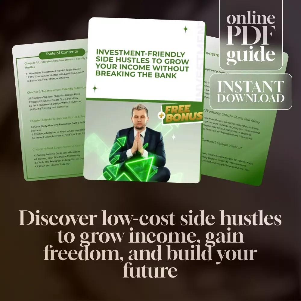 Investment-Friendly Side Hustles to Grow Your Income Without Breaking the Bank | Low-Cost Side Hustle Ideas PDF Guide | Budget-Friendly Hustles eBook Download