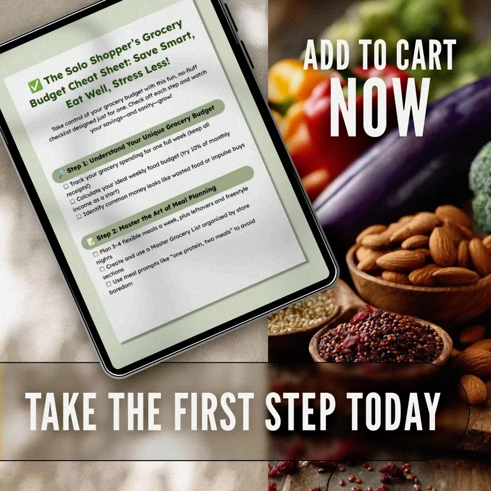 The Solo Shopper’s Grocery Budget Cheat Sheet: Save Smart, Eat Well, Stress Less | How to Grocery Shop on a Budget for 1 | Printable Budget Checklist