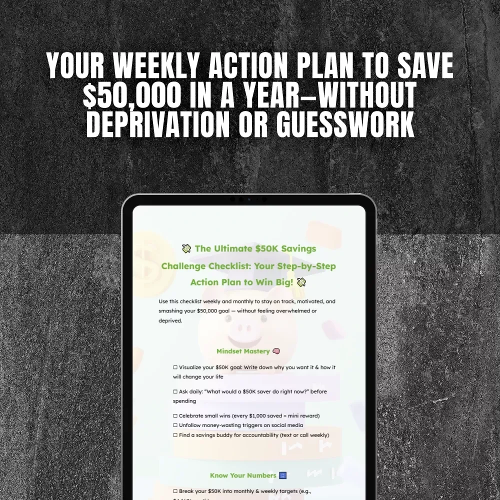The Ultimate $50K Savings Challenge Checklist: Step-by-Step Action Plan to Save $50,000 in a Year – Digital Download