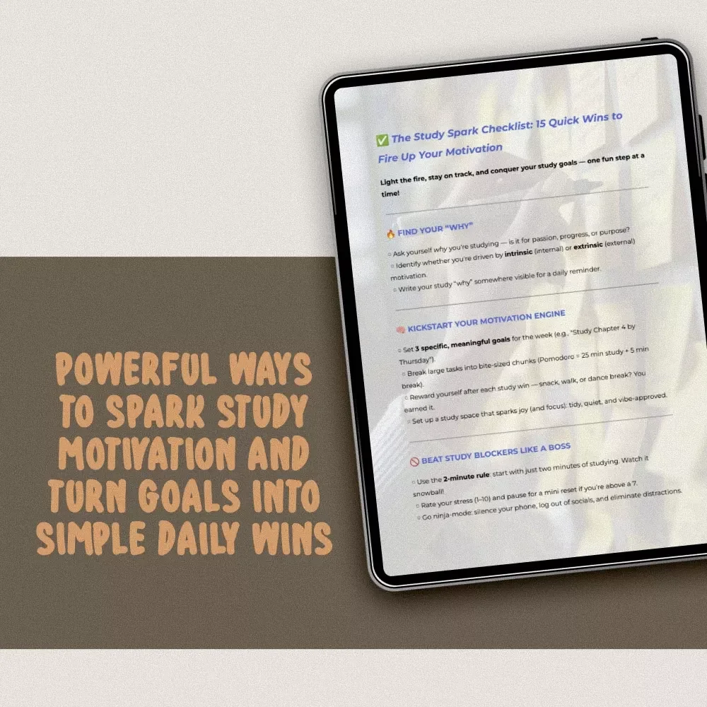 The Study Spark Checklist: 15 Quick Wins to Fire Up Your Motivation | Study Motivation Checklist | How Do I Get Motivated to Study PDF Guide