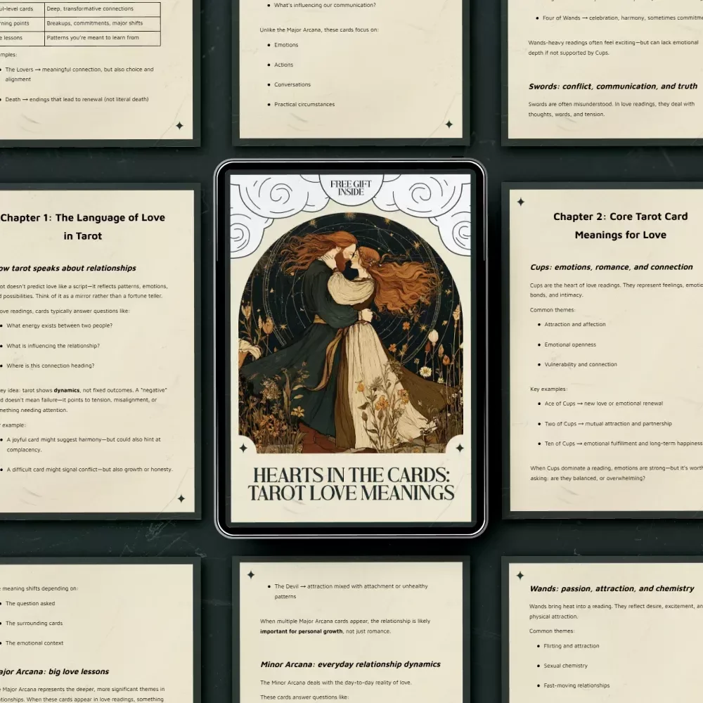 Hearts in the Cards: Tarot Love Meanings – Tarot Card Meanings for Love Readings Guide, Relationship Tarot eBook, Love Spreads & AI Tarot Practice