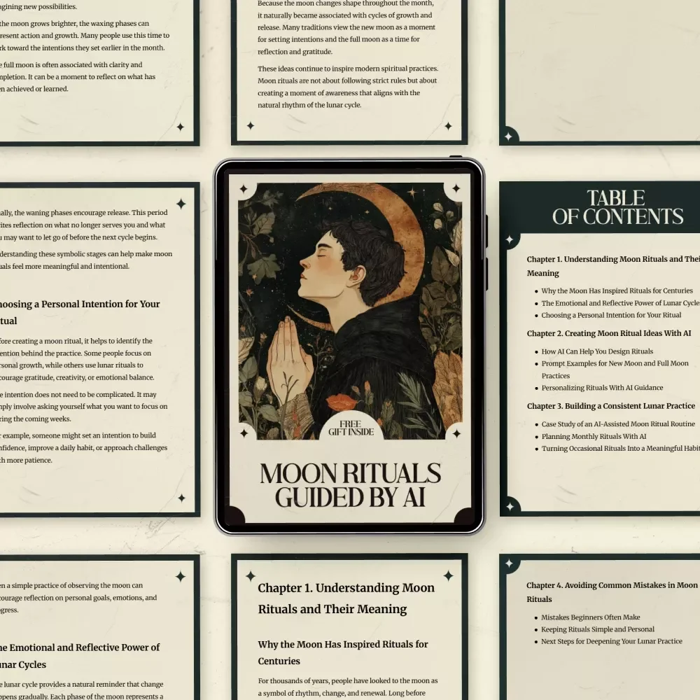 Moon Rituals Guided by AI – Digital Guide with ai prompts for moon ritual ideas, Lunar Practice Planner, Spiritual Self-Care eBook
