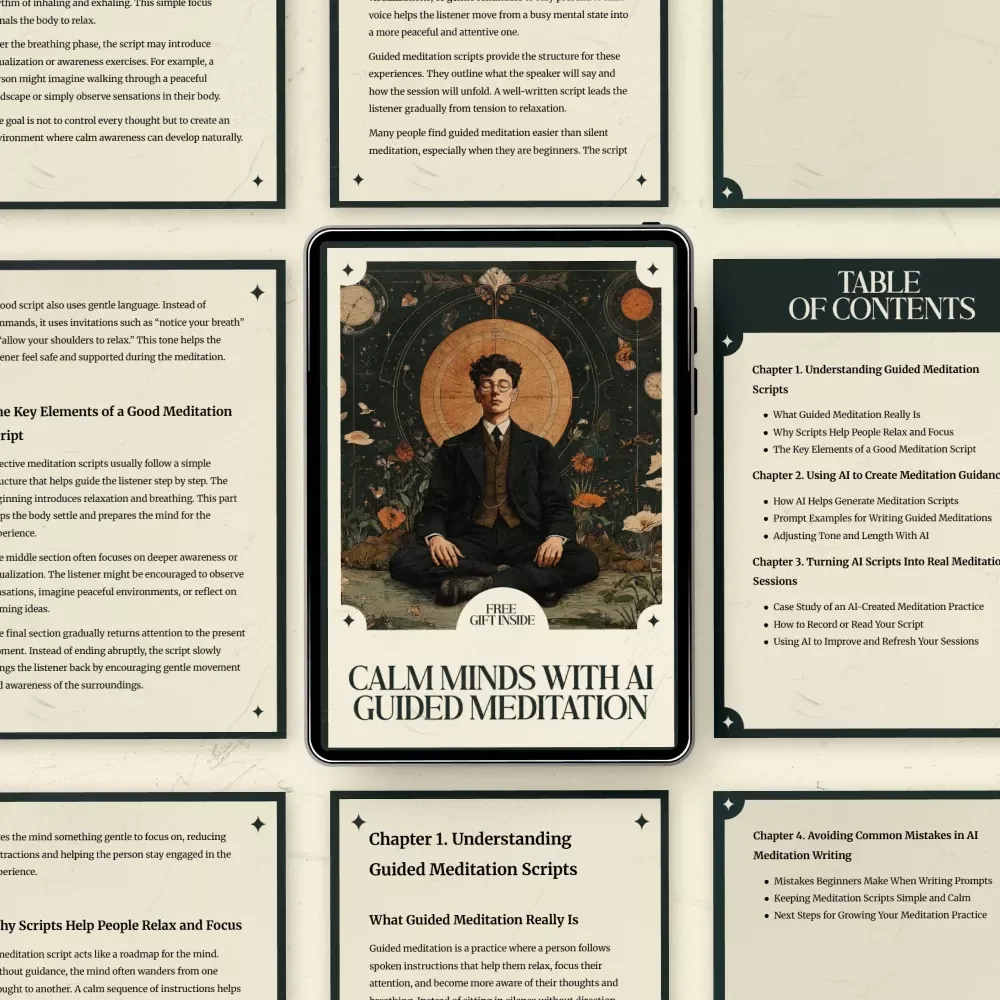 Calm Minds With AI Guided Meditation – Digital Guide with ai prompts for meditation guidance scripts, Create Powerful Relaxation Sessions, Beginner-Friendly AI Meditation Writing Toolkit