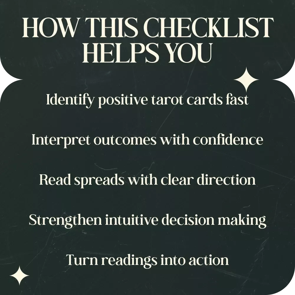 Tarot Triumphs: Spotting Positive Outcomes – Printable Checklist for Tarot Cards That Show Positive Outcome, Beginner-Friendly Tarot Guide, Instant Download