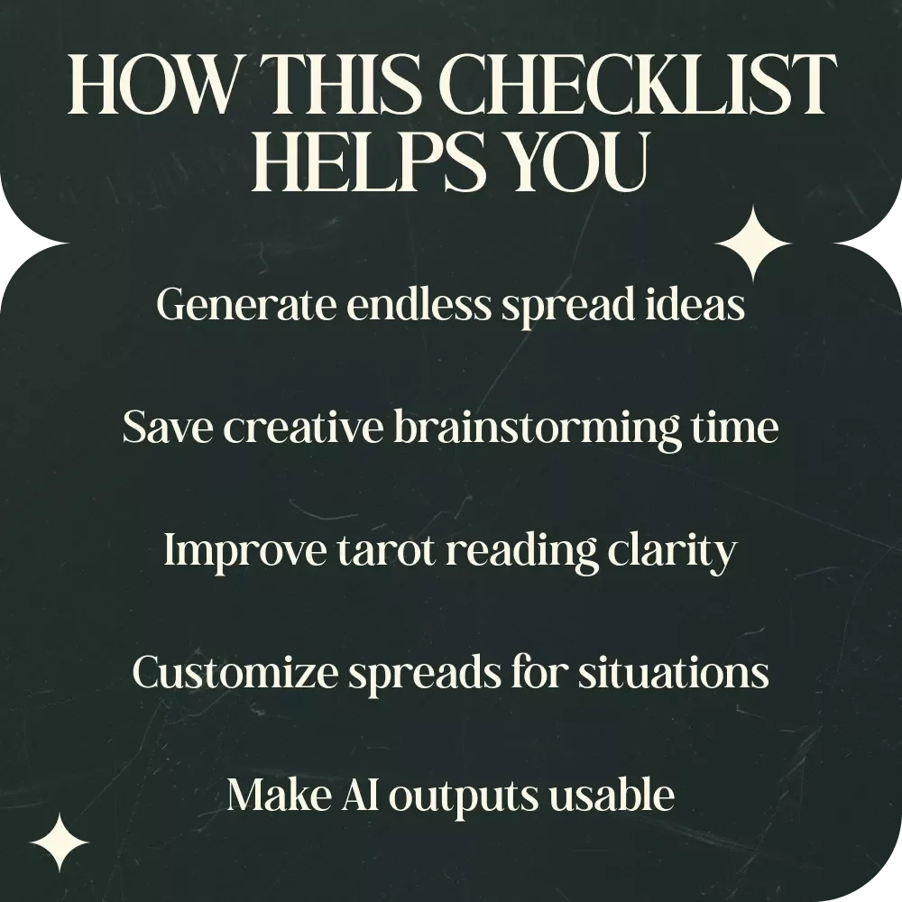 AI Prompts for Tarot Spread Ideas Checklist – Creative AI Prompts for Tarot Spread Ideas, Tarot Reading Guide, Digital Download for Tarot Lovers & Spiritual Creators