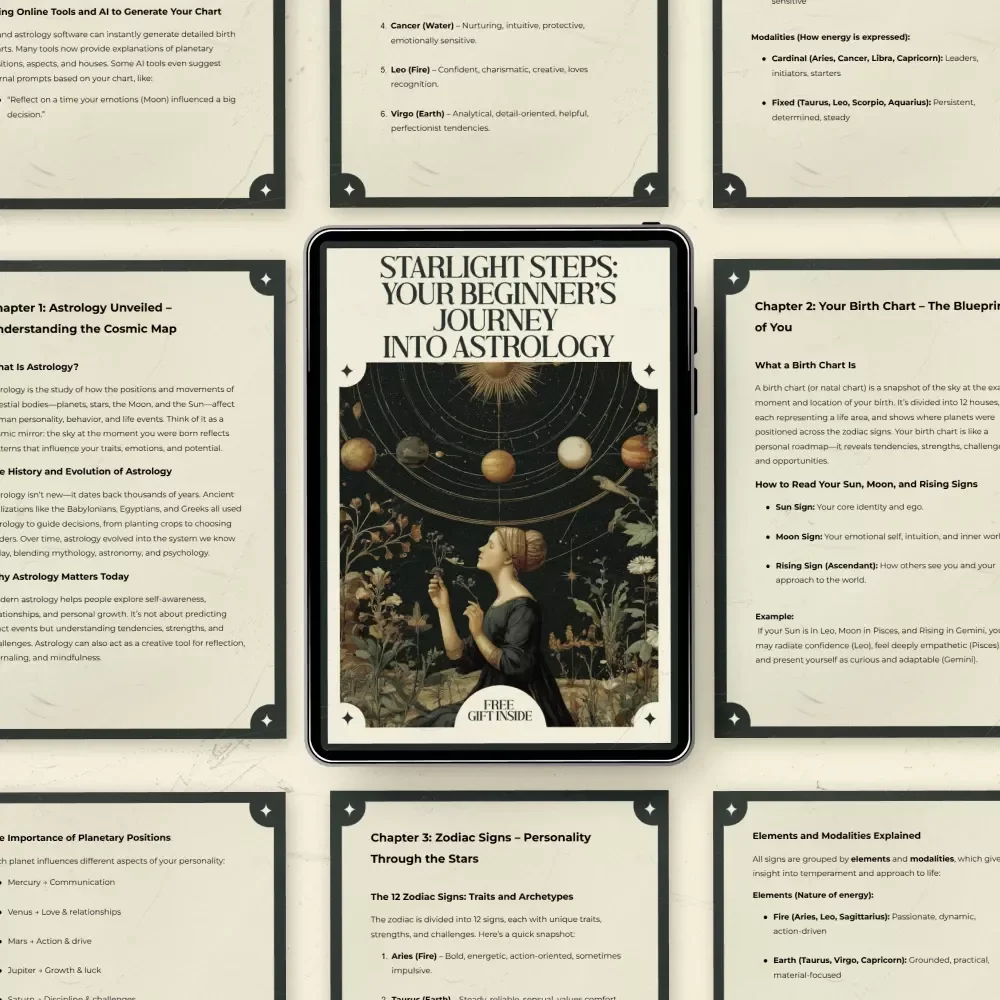 Starlight Steps: Your Beginner’s Journey into Astrology – A Complete Beginner eBook Guide on how to start learning astrology step by step, Birth Chart Basics, Zodiac Signs, Planets, Houses, and AI Tools for Modern Astrology