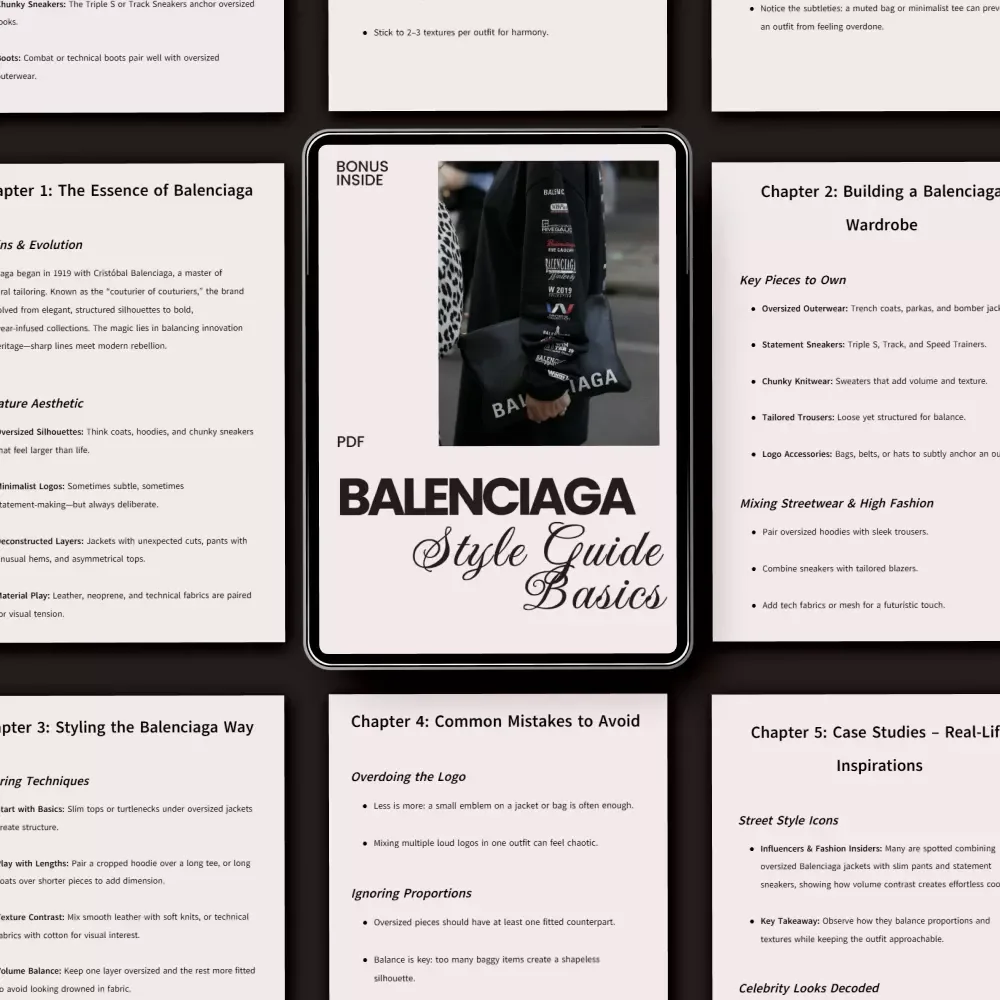 Balenciaga Style Guide Basics – Digital Download Ebook, Streetwear & High Fashion Fashionista Handbook, AI Outfit Prompts, Capsule Wardrobe & Styling Tips
