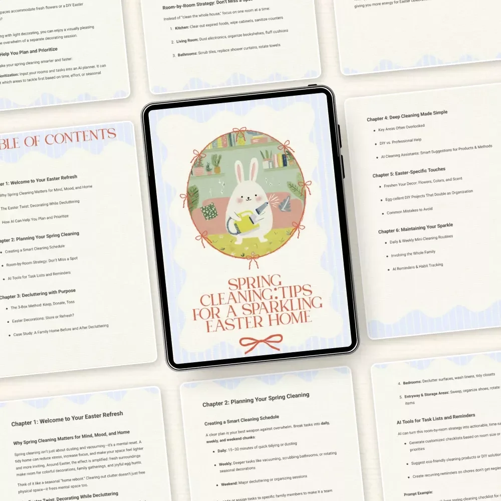 Spring Cleaning: Tips for a Sparkling Easter Home – Easter eBook with Practical spring cleaning tips around easter, Printable Checklist & AI Planning Guide