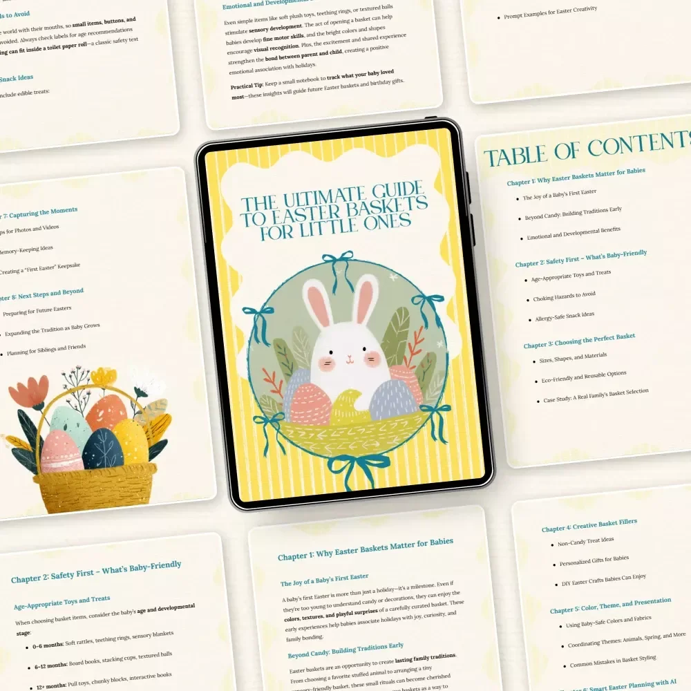 The Ultimate Guide to Easter Baskets for Little Ones – Complete eBook for Creating Meaningful & Safe easter baskets for babies, Baby’s First Easter Gift Ideas, Non-Candy Fillers & AI Planning Tools