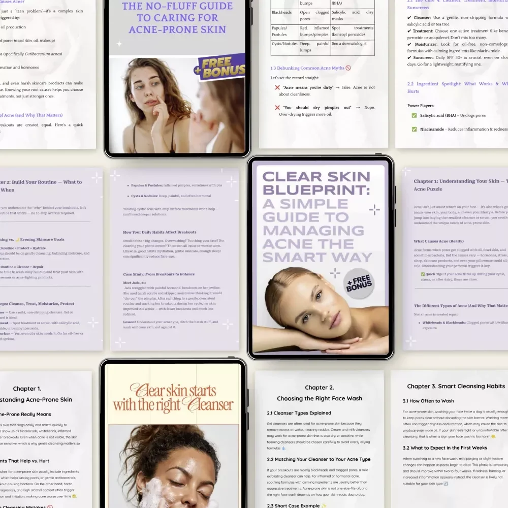 Acne-Safe Skincare Routine Pack | 4-in-1 Digital Bundle for Skincare for Acne Prone Skin | Makeup Strategies for Acne-Prone Skin + Clear Skin Blueprint Guides