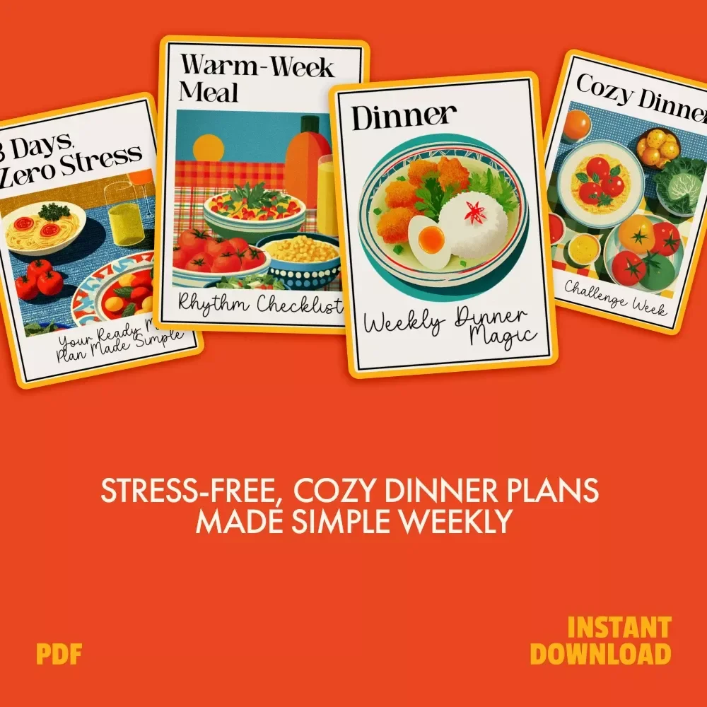 Your Calm & Cozy Dinner Week Pack – 4-in-1 Digital Bundle | weekly dinner plan for Stress-Free Evenings, Cozy Meal Planning & Simple Family Dinners