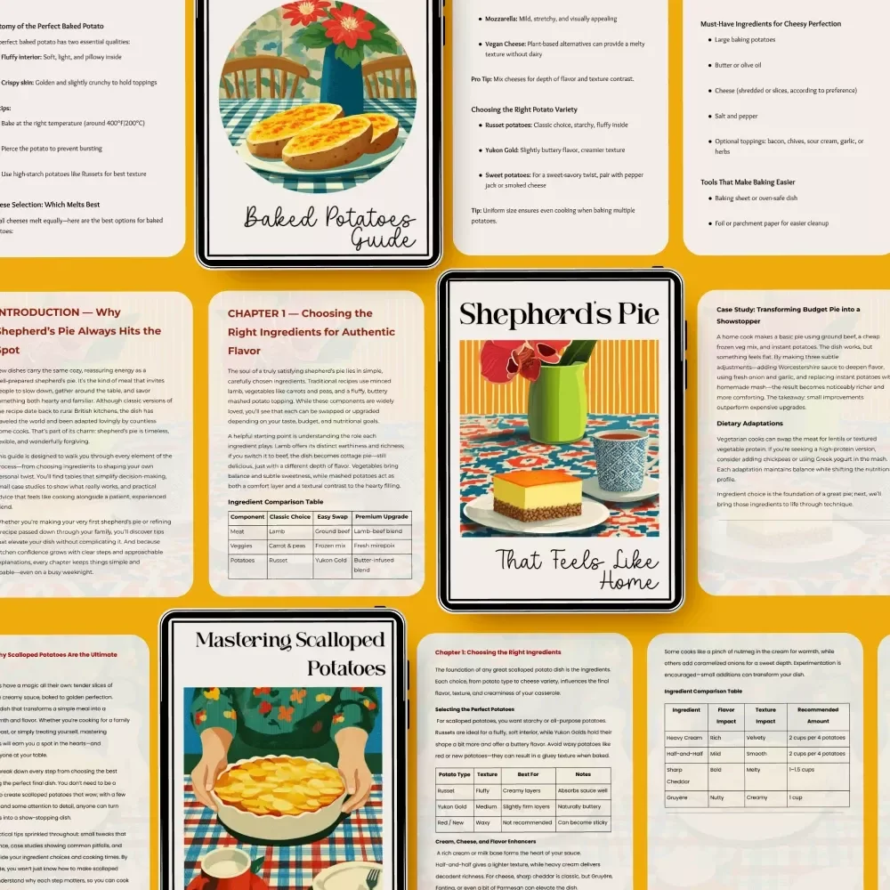Classic-to-Creative Potato Pack for Home Cooking | 4-in-1 Digital Bundle of Unique Potato Recipes | Mastering Scalloped Potatoes Step by Step, Cheesy Baked Potatoes Guide, Creamy Dill Mashed Potatoes, Shepherd’s Pie That Feels Like Home