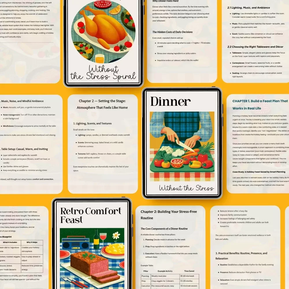 Stress-Free Dinner Kit for Cozy Nights – 10-in-1 Digital Bundle of Cozy Dinner Guides, Checklists & eBooks | Learn how to plan a zero-stress cozy dinner for Busy Nights, Holidays & Comfort Meals