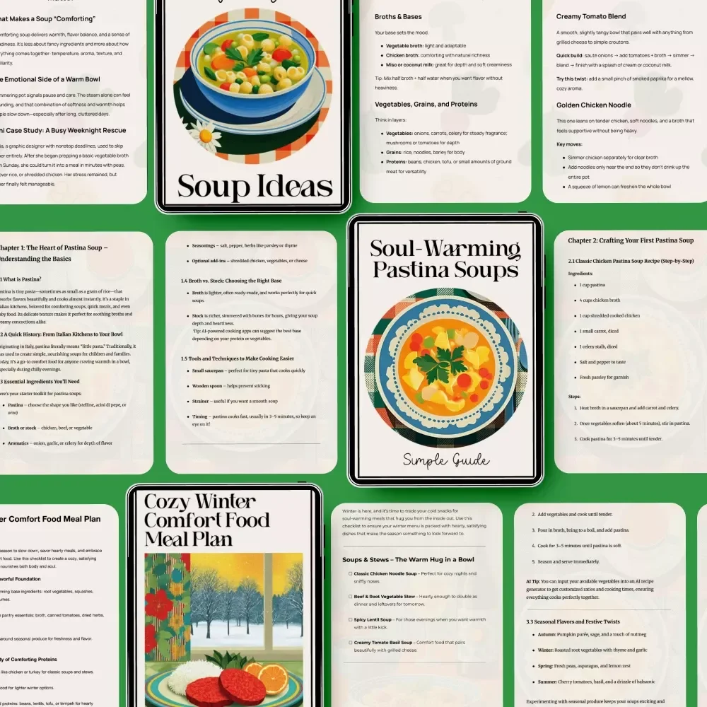 Cozy Winter Meals Bundle for Cold Days | 5-in-1 Digital Download with A Simple Guide to Soul-Warming Pastina Soups, Mastering Creamy Potato Leek Soup Recipe, Warm and Comforting Soup Ideas & Winter Checklists | Soup Recipes for Winter