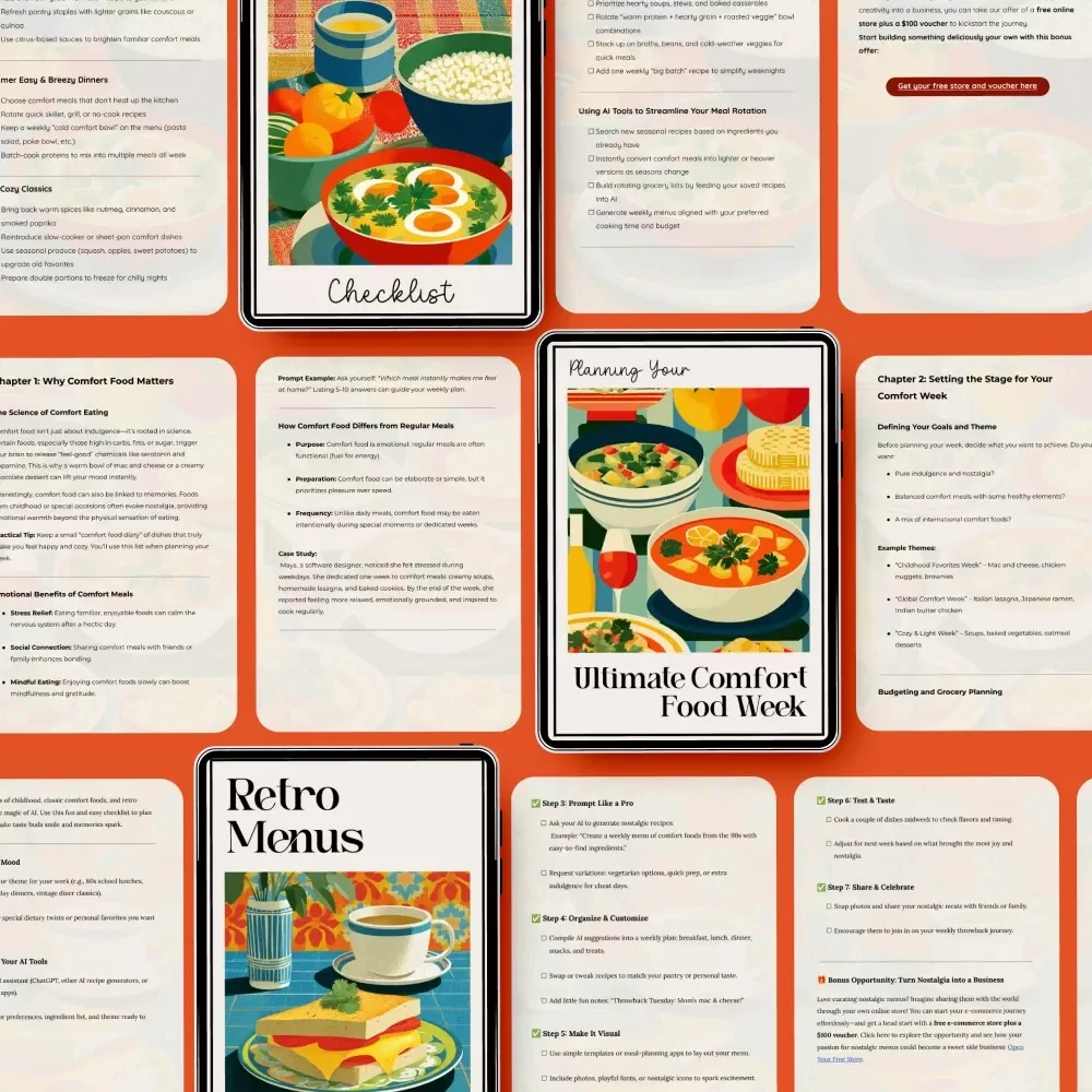 AI Comfort Food Toolkit for Weekly Plans - 4-in-1 Bundle of Guides, eBooks, and Checklists