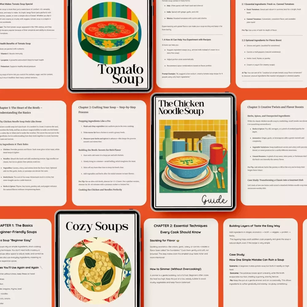 Comfort Soup Collection for Cozy Nights – 5-in-1 Digital Bundle | The Best Guide to Tomato Soup, The Chicken Noodle Soup Guide, Cozy International Comfort-Food Fusion Checklist, Cozy Soups Made Simple & Cozy Spoonfuls | popular soup recipes