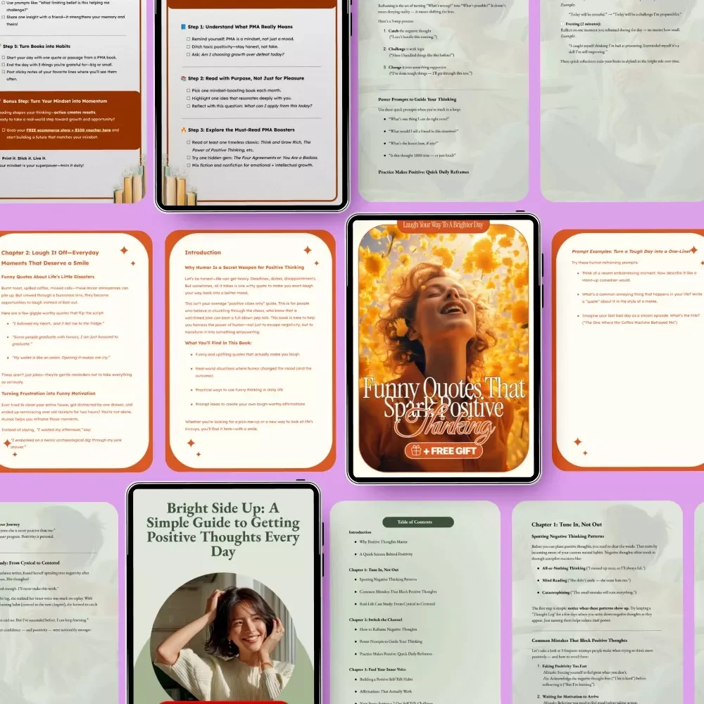 Improve Your Positive Thinking – 3 in 1 Digital Bundle | Bright Side Up Guide, Positive Reader's Power-Up Checklist, Laugh Your Way to a Brighter Day Quotes | How to Improve Positive Thinking