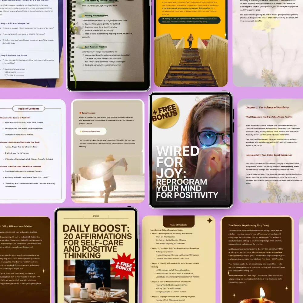 Positive Mindset Builder Toolkit – 5 in 1 Digital Bundle | Guides & Checklists on how to develop positive thinking