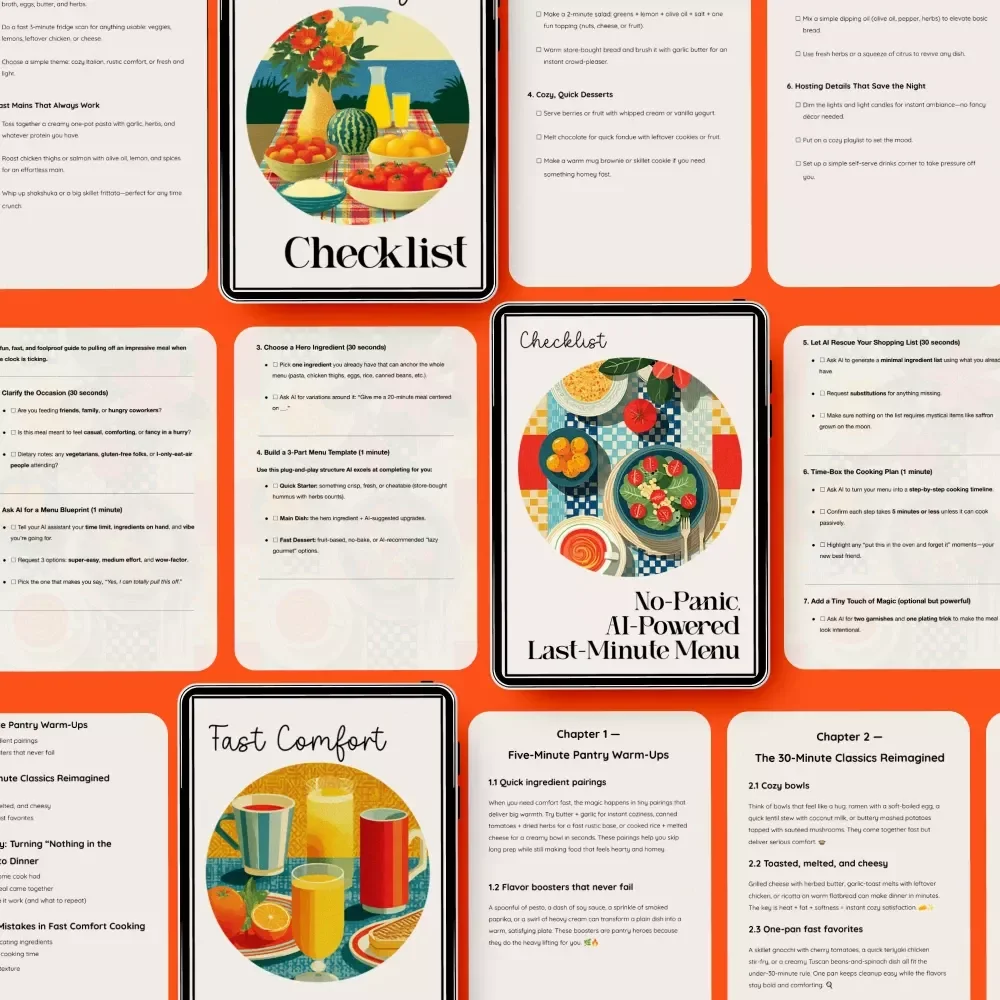 No-Panic Dinner Kit for Hosting Guests: 3-in-1 Bundle with Last-Minute Menu Guides & Checklists