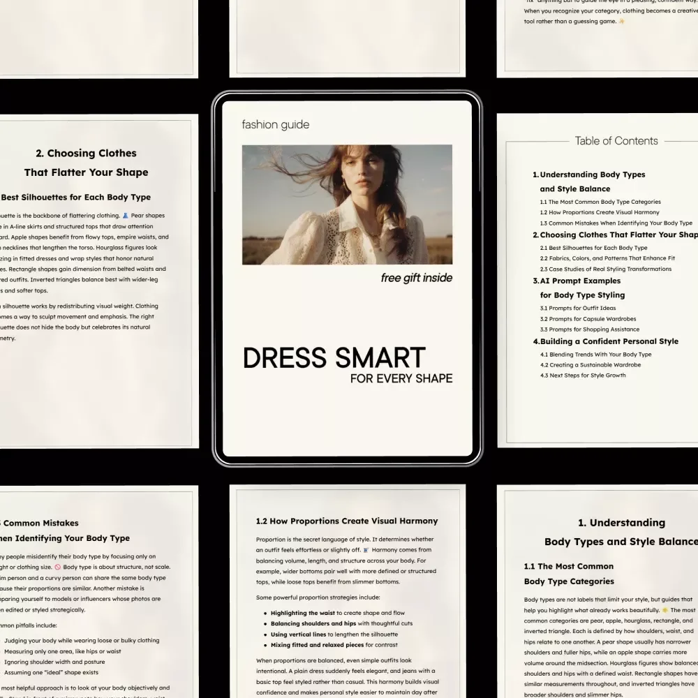 Dress Smart for Every Shape – Body Type Styling Guide, Personal Style eBook, AI Outfit Prompts, Capsule Wardrobe & Confidence Building Checklist