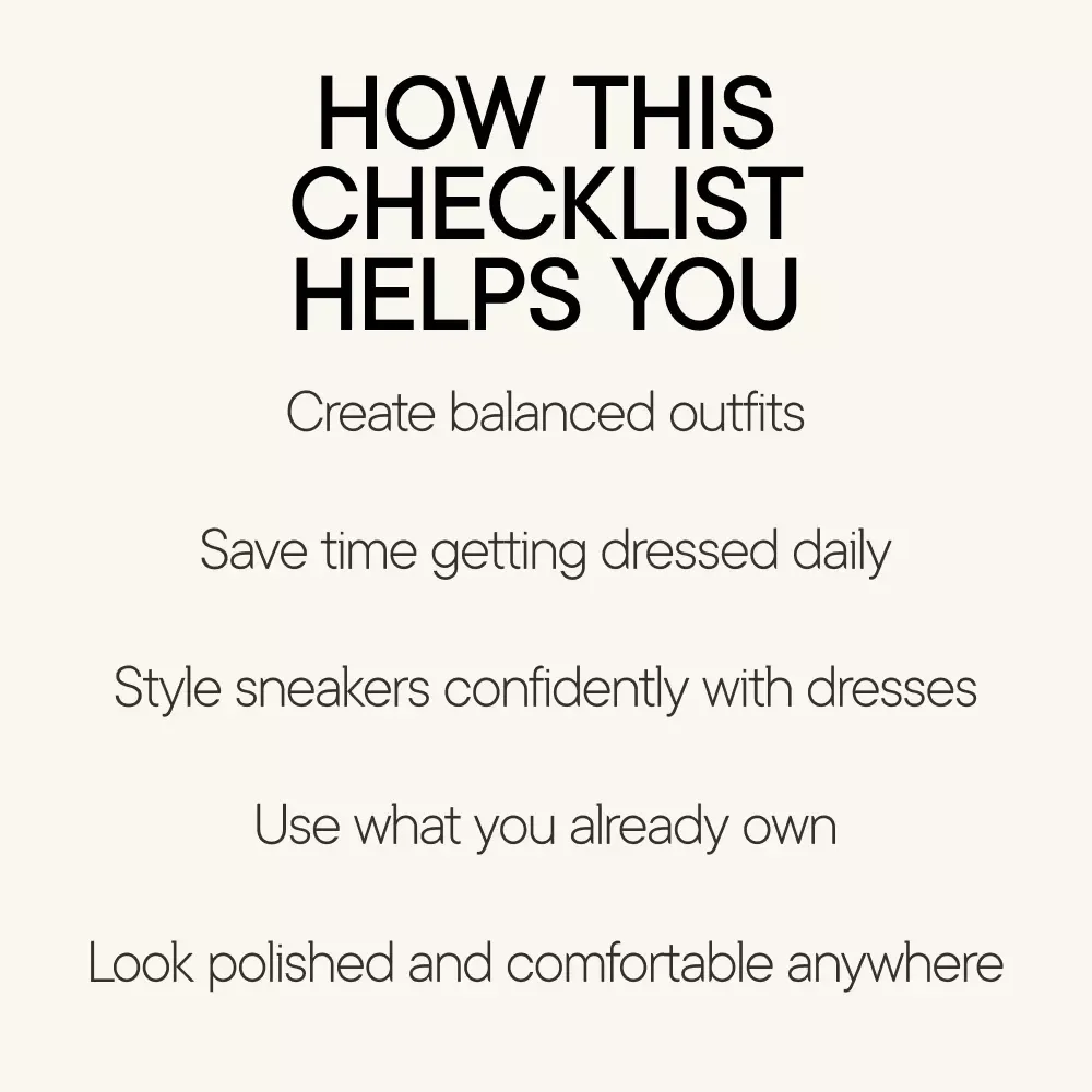 Sneakers & Dresses Checklist | Everyday Outfit Guide, Casual Chic Style Planner, Digital Fashion Checklist for Easy Dress & Sneaker Pairing