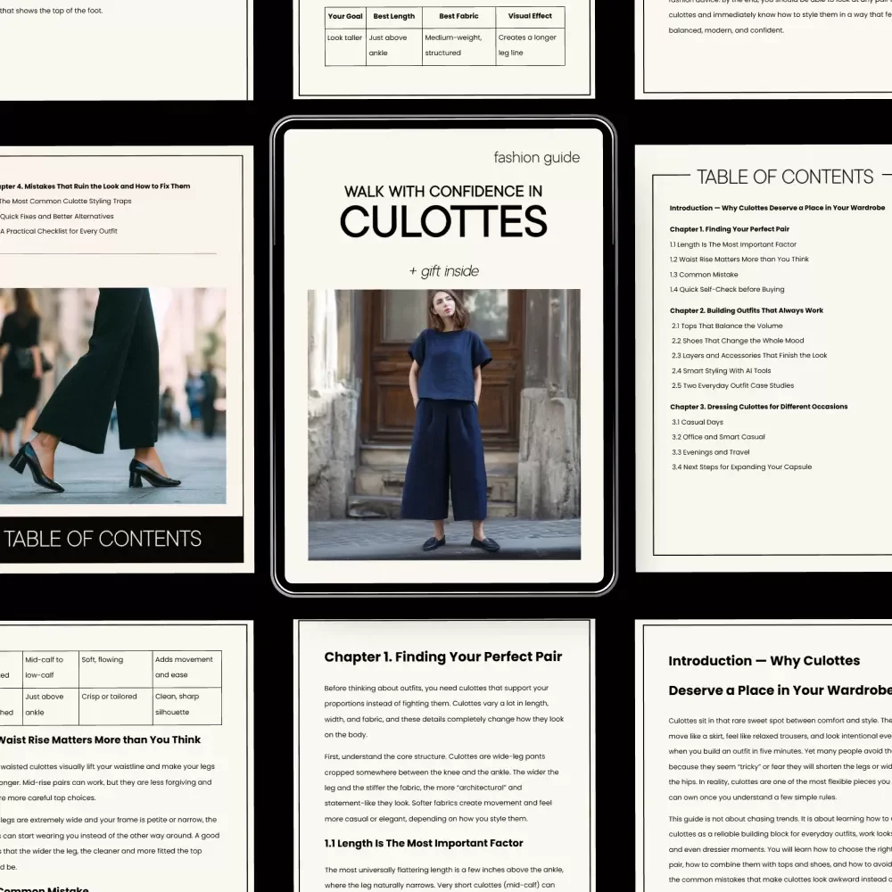 Walk With Confidence in Culottes – Easy Culotte Styling Guide, How to Wear Culottes for Every Occasion, Modern Outfit Formulas & Capsule Wardrobe Digital Download
