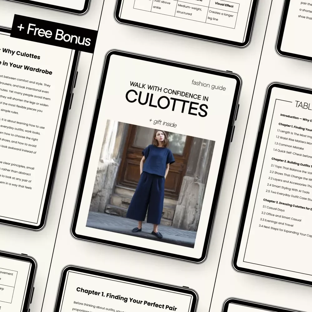 Walk With Confidence in Culottes – Easy Culotte Styling Guide, How to Wear Culottes for Every Occasion, Modern Outfit Formulas & Capsule Wardrobe Digital Download