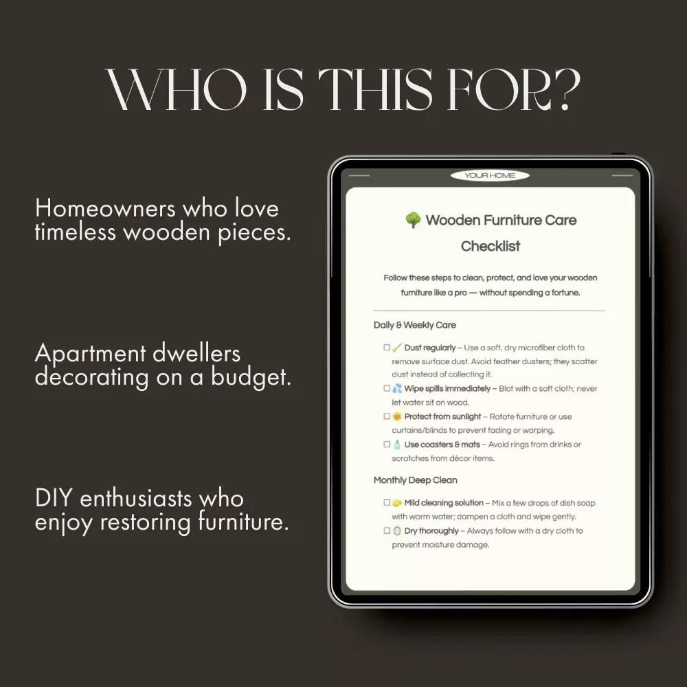 Wooden Furniture Care Checklist | Printable Guide on How to Clean and Care for Wooden Furniture | DIY Wood Care & Maintenance Tips | Digital Download