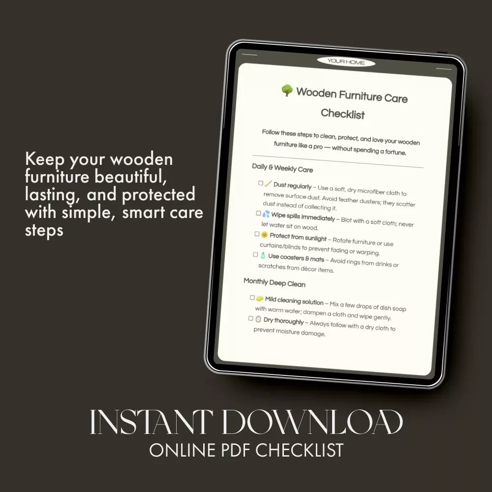 Wooden Furniture Care Checklist | Printable Guide on How to Clean and Care for Wooden Furniture | DIY Wood Care & Maintenance Tips | Digital Download