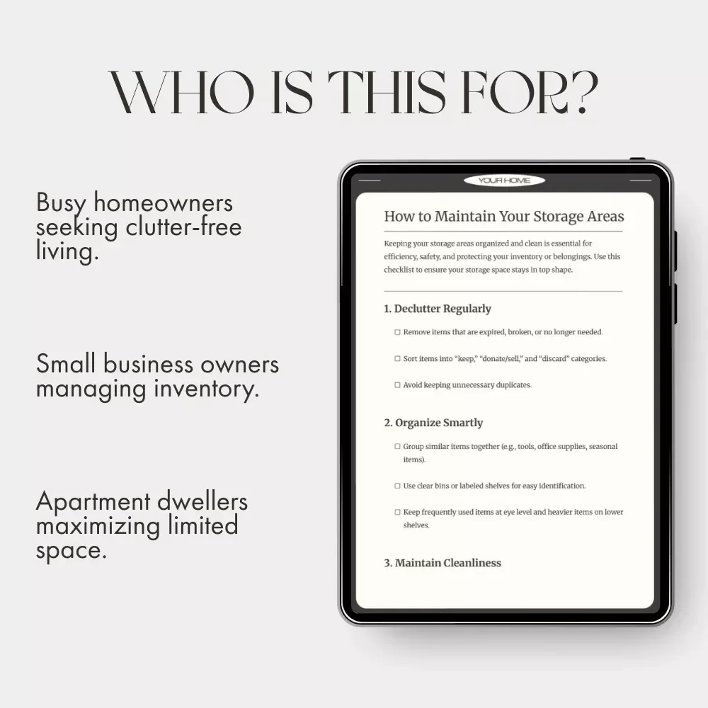 How to Maintain Your Storage Areas Checklist | Printable Home Organization Guide | Digital Download for Decluttering & Storage Maintenance